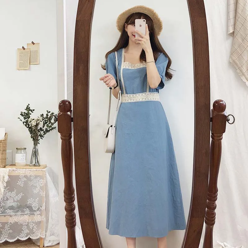 2020 Summer Dress Girls Boho Party Cotton Linen Female Plus Size Vintage Dress Blue Short Sleeve Women Dresses Femme Vestido