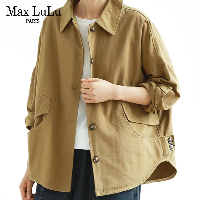 Max LuLu Autumn 2021 Outerwear Womens Khaki Korean Style Vintage Jacket Basic Lady Casual Coat Button Harajuku Loose Clothing sexy playsuits short sleeve bodysuit top women 2021 summer sexy body top khaki casual solid lady bodysuits lace up jumpsuits top