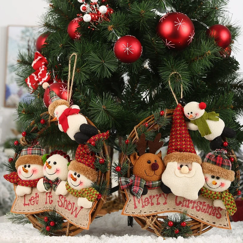 Christmas mini wreath doll flannelette rattan ring old man snowman elk hanging ornaments 2020 New Year Christmas tree decoration