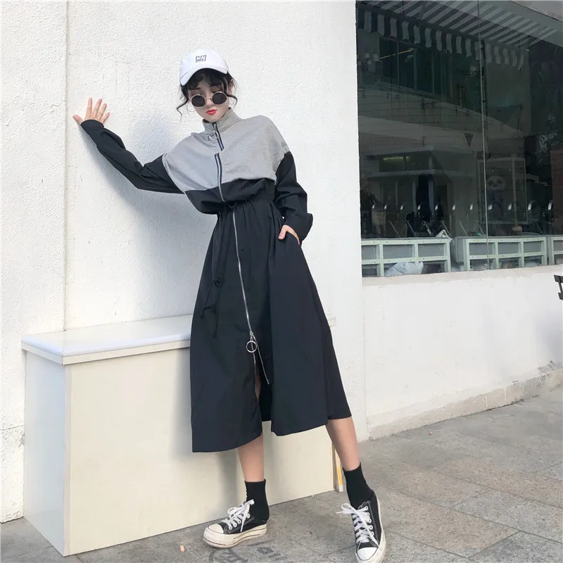 Осень, стиль, Harajuku стиль, стоячий воротник, BF, Свободное пальто, повседневное Спортивное приталенное облегающее пальто средней длины, Женский Тренч F