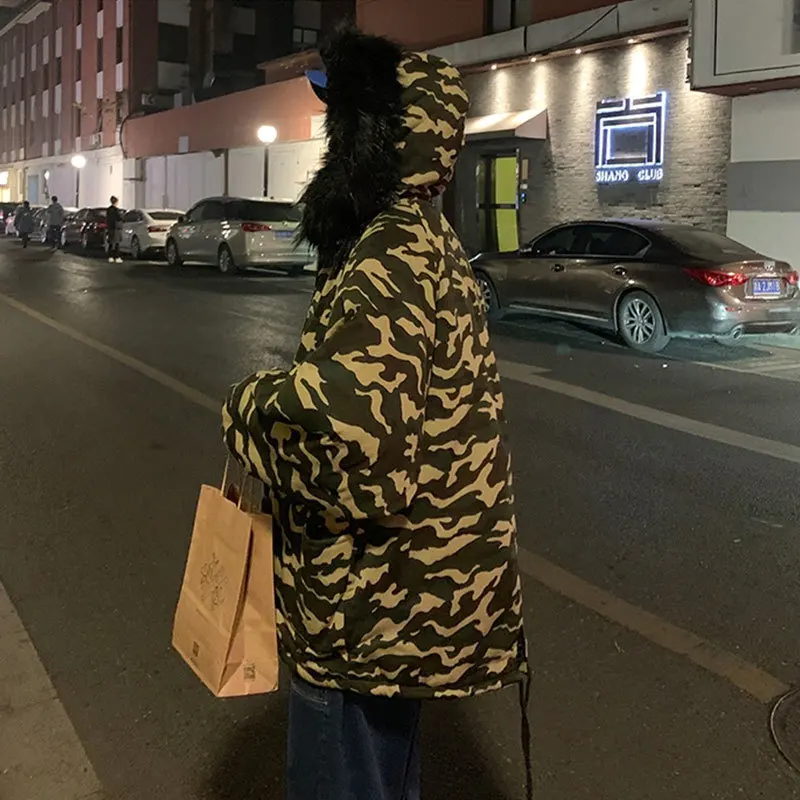 Liketkit, мужские зимние куртки с капюшоном, камуфляжный принт, большой меховой воротник, теплая Толстая парка, пальто, Мужская Корейская Повседневная ветровка