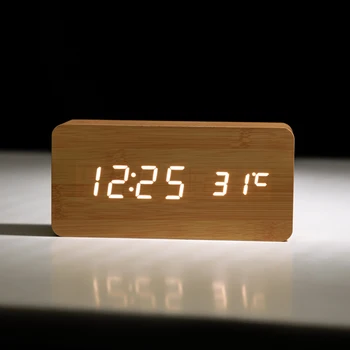 

LED Wooden Alarm Clock Table Voice Control Digital Wood Alarm Clock Electronic Desktop USB/AAA Powered Clocks Table Decoration