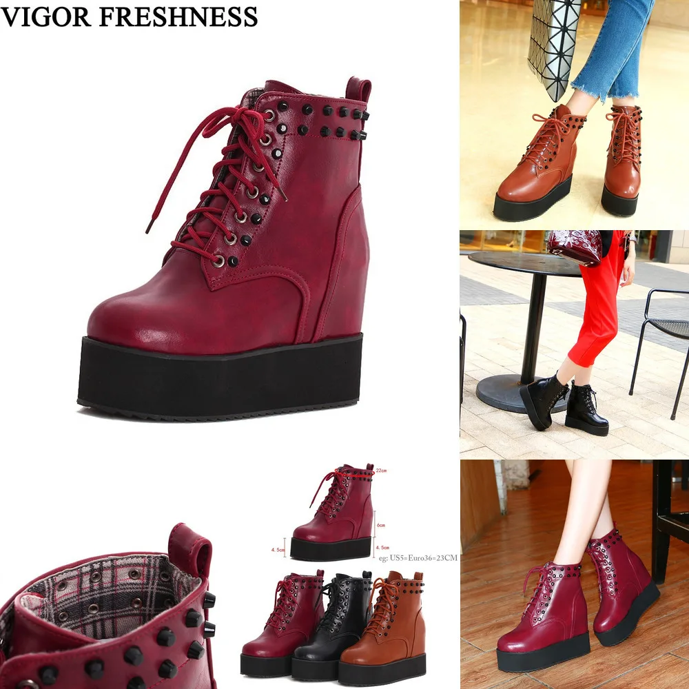 

VIGOR FRESHNESS Women Platform Shoes Rivet Ankle Boots Woman Shoes Height Increasing Autumn Boots Winter High Heels 11CM MY93