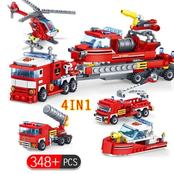 

348pcs 4 In 1 Fire Fighting Trucks Car Helicopter Boat Building Blocks Compatible City Police Firefighter Figures Toys For Boys