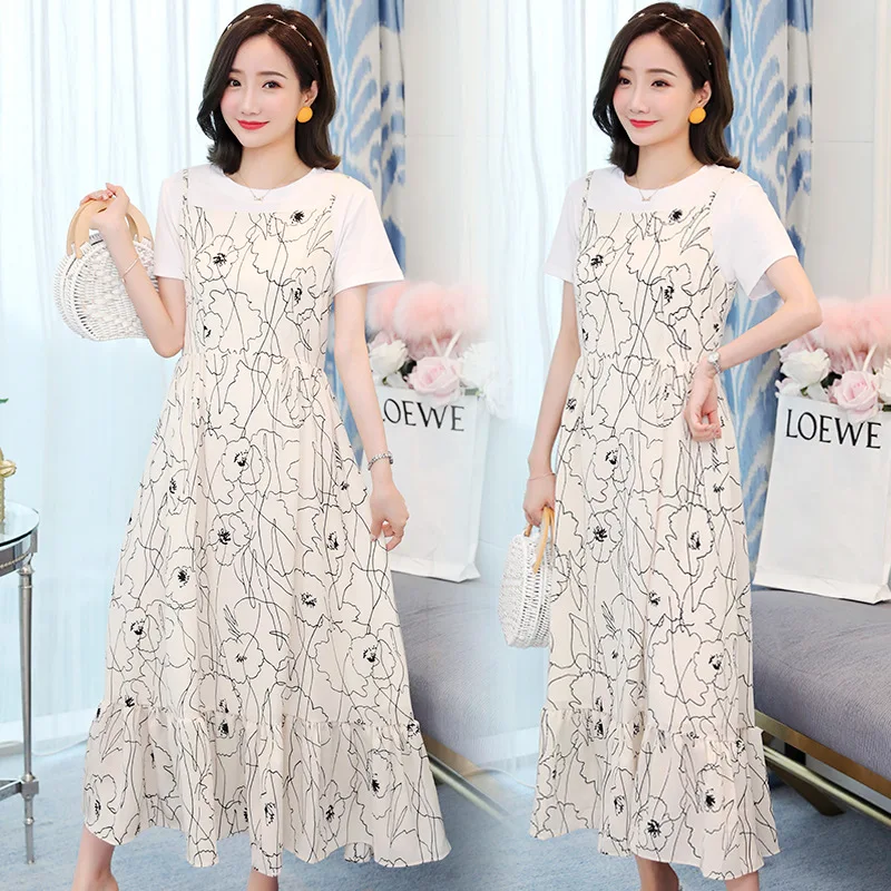 

Maternity Clothes 2019 New Style Printed Camisole Chiffon One Piece Long Skirts + Short Sleeve T-shirt Two-Piece Set