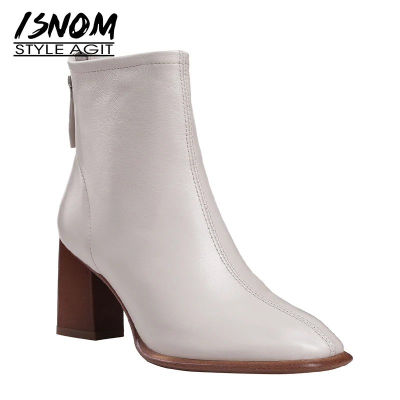 ISNOM/ботильоны на высоком каблуке; женские ботинки из натуральной кожи; обувь с квадратным носком; женская модная обувь на молнии; женская обувь для вечеринок; зимняя обувь