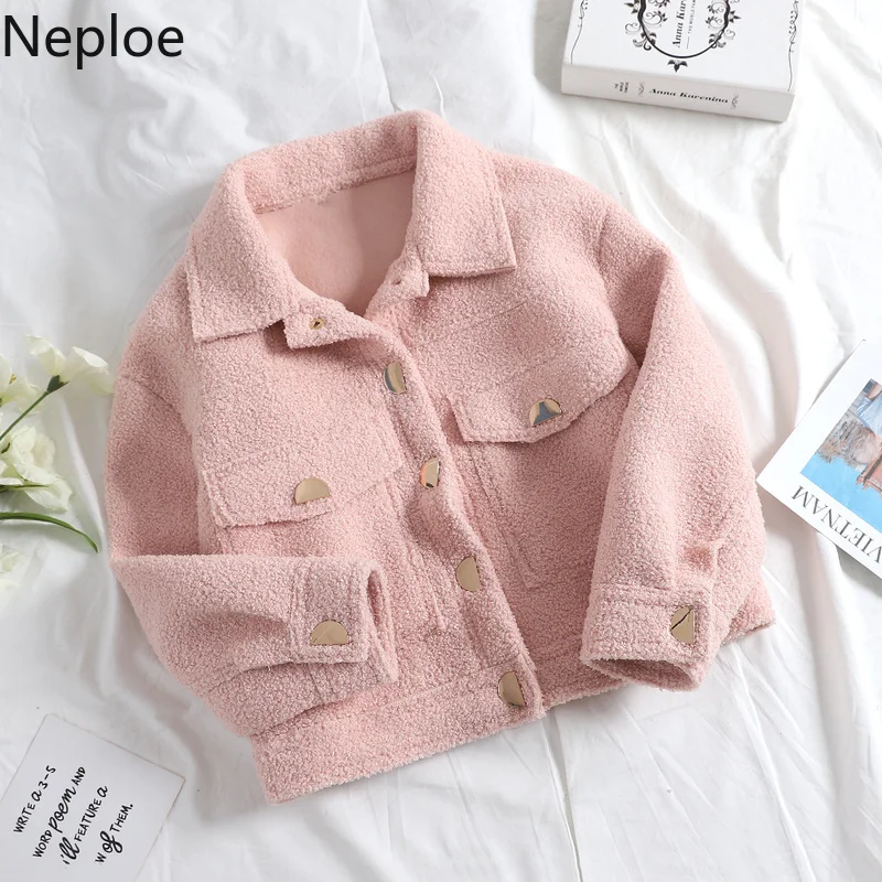 Neploe Chic Woolden короткая женская куртка Новинка Осень Зима отложной воротник одноцветное пальто с одной грудью Свободная куртка в стиле кэжуал