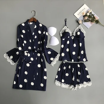 

Women's 3 PCS JULY'S SONG Pajamas Set Polka Dot Lace Sexy Robe Nightwear Strap Sling Shorts Spring Summer Sleepwear Homewear