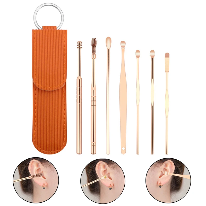 7pcs/bag Ear Wax Pickers Stainless Steel Earpick Wax Remover Curette Ear Pick Cleaner Ear Cleaner Spoon Care Ear Clean Tool