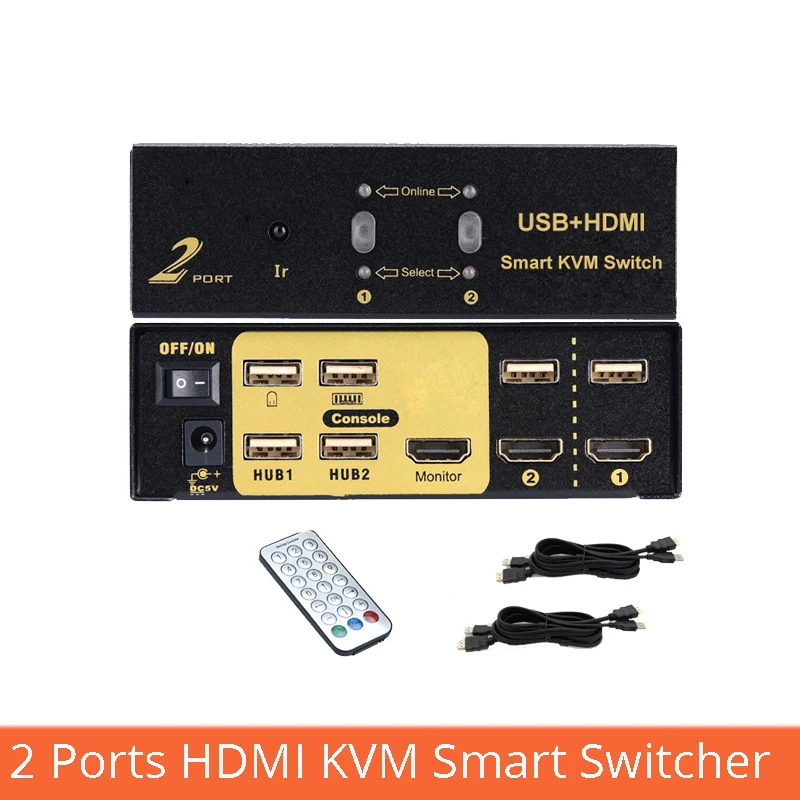 2-Port Hdmi Kvm Smart Switcher 2 in 1 Out Remote Control Switch Usb Hd Computer Splitter