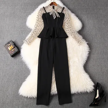 

New European and American women's dresses for spring 2020 Long-sleeve wave point stitching shirt Nine minutes of pants suit