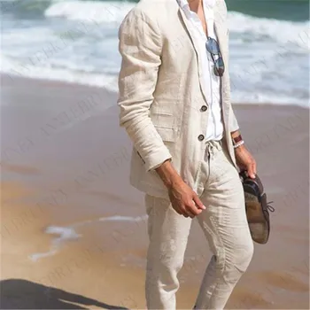 

ANNIEBRITNEY Linen Summer Casual Men Suit Slim Fit Relax Suit for Men Suit Party Wedding Groom Suit Custom Beach Men Suit Set