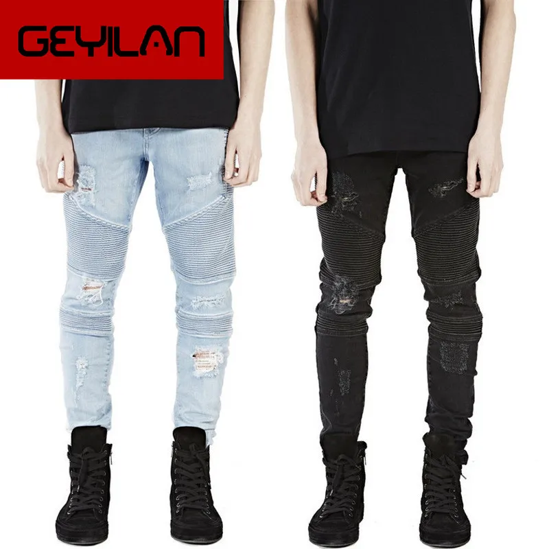

2019 New High Street Street Motorcycle Folded Hole Jeans Men's Black Jeans Elastic Modis Foot Pants More Sizes 28-38 40 42