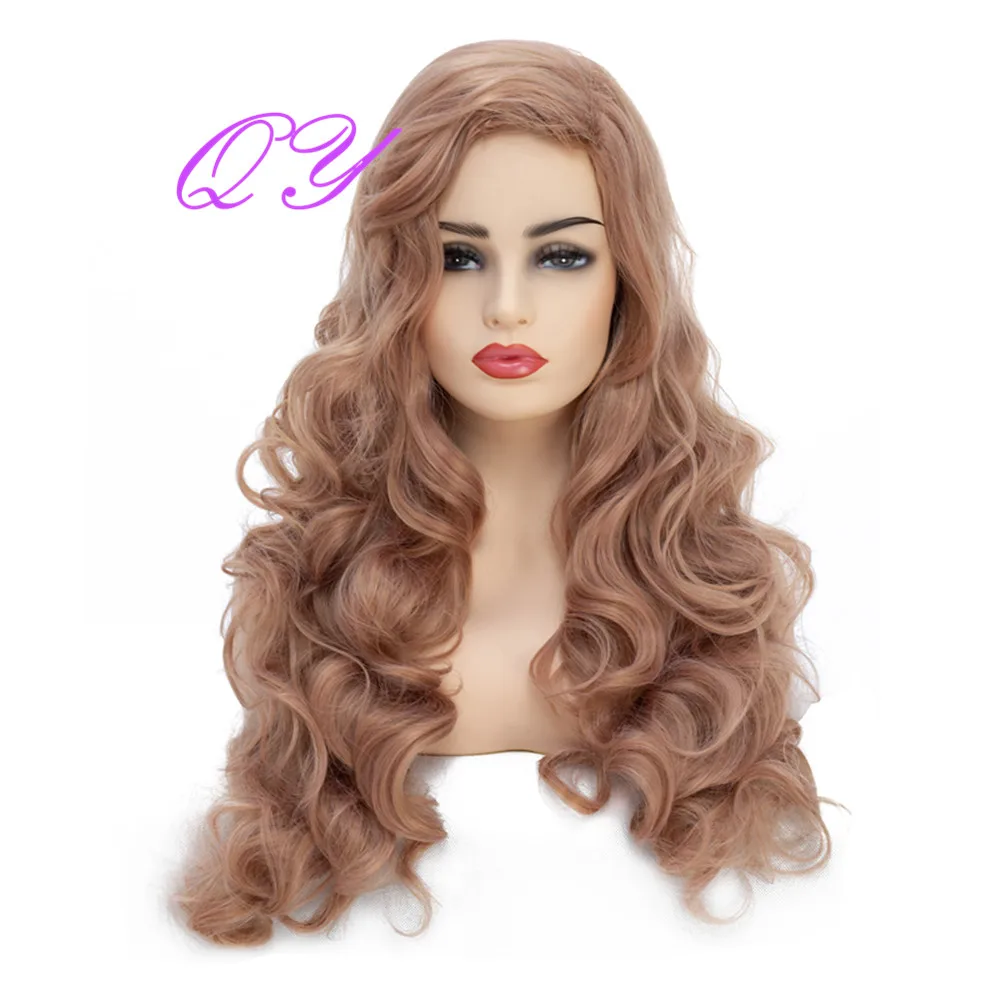 

QY Hair Long Rose Gold Color Natural Wavy Synthetic Wigs for Women or DIY Curly Wigs for Women