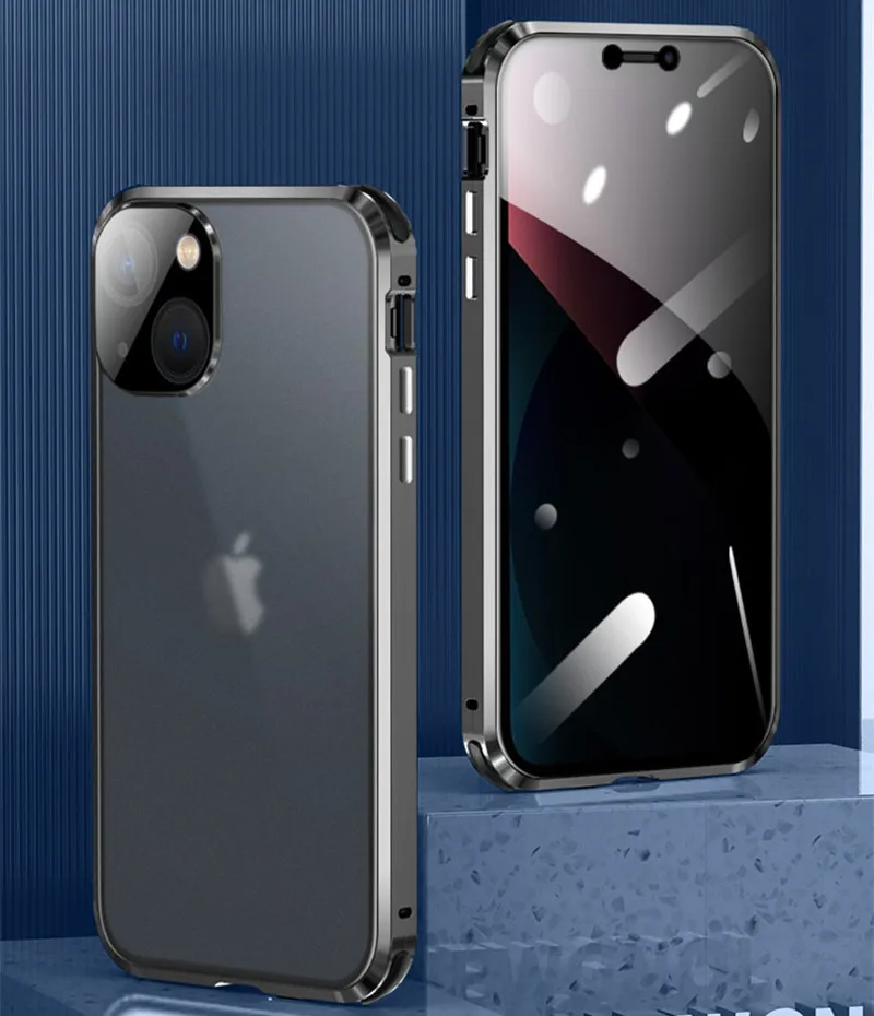 Luxury Metal Bumper Magnetic Flip Case for Apple iPhone 13 Pro Max 12 Alloy Armor Full Temerped Glass Protector Phone Cover