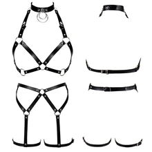 Комплект из черной кожи в стиле панк, бюстгальтер в клетку, топ на груди, готический стиль, с заклепками, сексуальный пояс для ног, подвязки, подтяжки, регулируемое платье для танцев