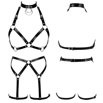 

Punk Harness Set Black Leather Body Caged Bra Chest Top Goth Rivet Sexy Waist Leg Garter Belt Suspender Adjust Dance Party