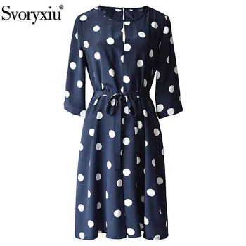 

Svoryxiu Runway Designer Summer Silk Dress Women's Fashion Half Sleeve Big Dot Print Office Lady Elegant Midi Dress Vestdios