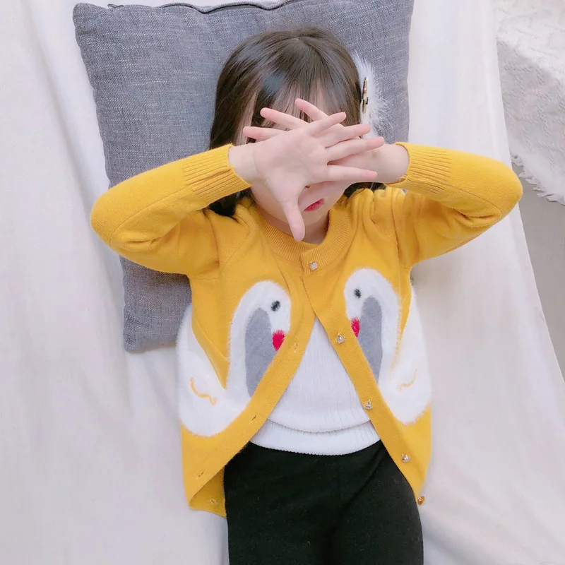 

CHILDREN'S Cardigan 2019 Autumn New Style Korean-style Western Style Baby Girls Knitted Twin Swan Sweater Long-sleeved Coat