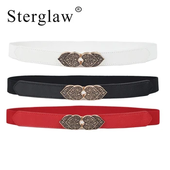 

64*2.8CM Vintage Women thin Elastic Waistband Fashion Casual Gold Metal Buckle PU Leather Stretchy Decorative Waist Belt J228