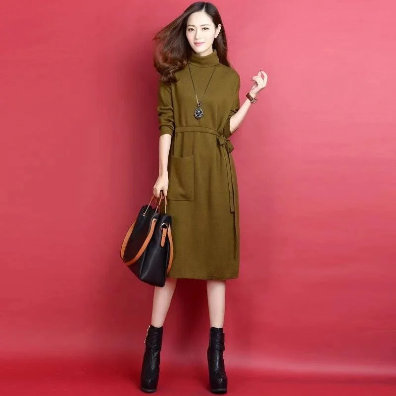 

Autumn And Winter Slim Fit Slimming Waist Hugging Base Jersey Dress Thick Pullover Sweater Women's Exta-long