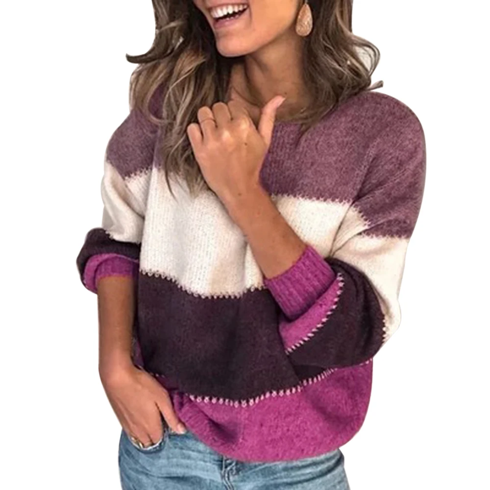 SHUJIN, Модный женский свитер в полоску, Осень-зима, круглый вырез, длинный рукав, свитер, свободный, вязанный, пуловер, пэчворк, Pull Femme Mujer - Цвет: Purple
