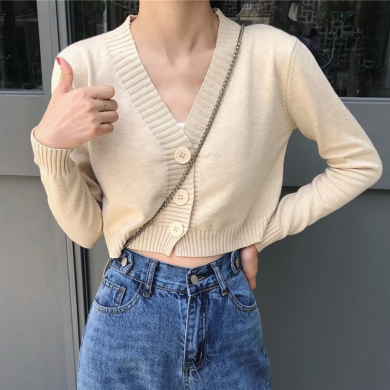 

Cropped Cardigans Sweaters Female With Button Black White Short Sweater Mujer V Neck Long Sleeve Sweater Women Knitted Cardigans
