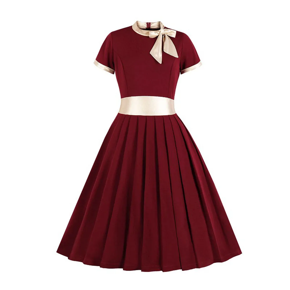 1950s Retro Swing Dress Summer Elegant Pleated Bow Collar Short Sleeve Dresses Sweet Party Girl Vestido Plus Size 3XL 4XL | Женская