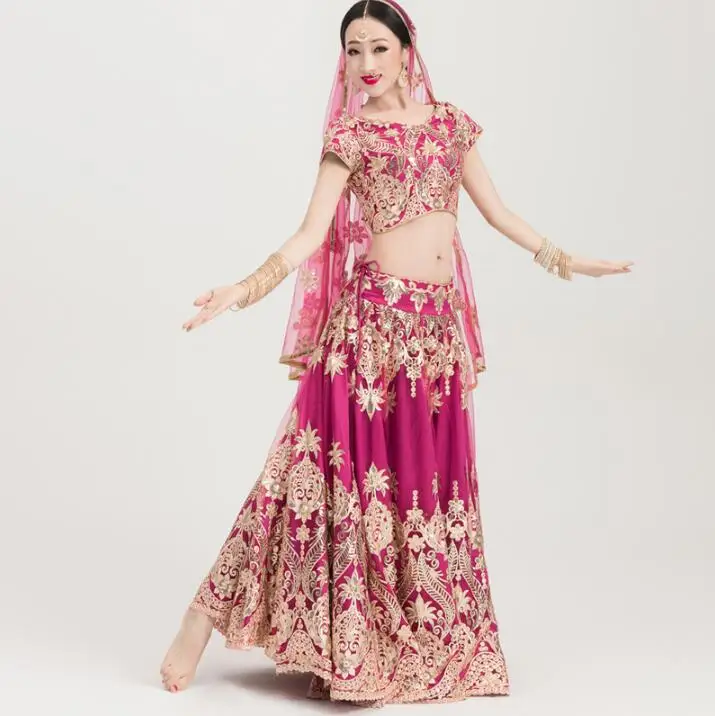 

India Sarees Traditional Embroidery Costume Ethnic Style Kurtas Woman Performance Dance Suits Gorgeous Top+Skirt+Scarf