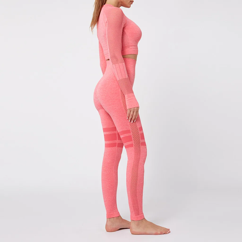 Pink Женский комплект для йоги, бесшовный облегающий хип-лифтинг, длинные рукава, для бега, фитнеса, тофа, штаны, леггинсы, для тренировки, спортивная одежда, спортивные костюмы - Цвет: Pink