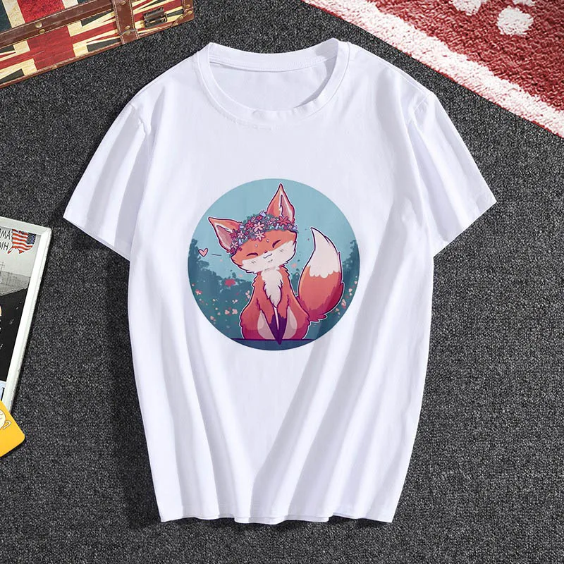 Новые kawaii с рисунком в виде лисы футболка Для женщин hipster Милая футболка женская мода сезона Harajuku белая 0-образным вырезом; топы; детская одежда