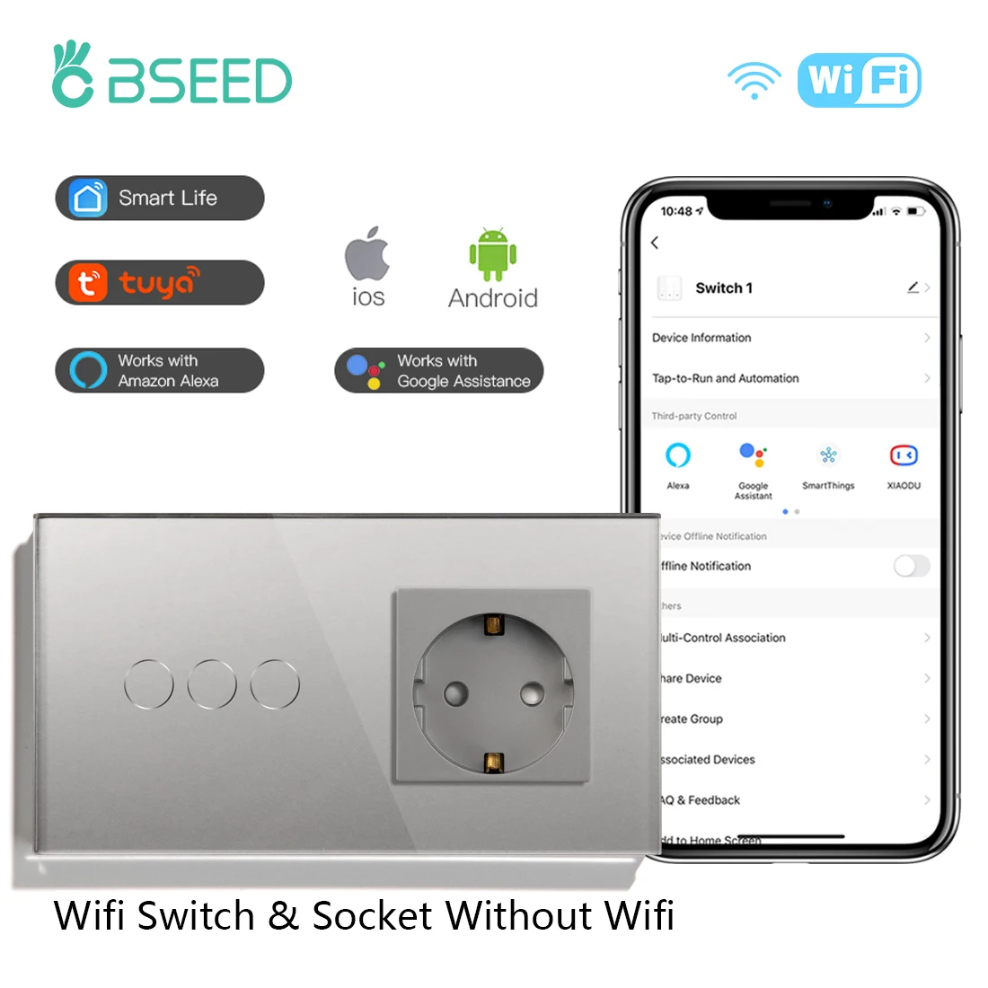 lighted single pole switch BSEED 1/2/3Gang 1/2/3Way WIFI Touch Light Switch Smart Wall Switch Smart Life APP Glass Panel with EU Socket Without Wifi White outdoor light switch timer Wall Switches