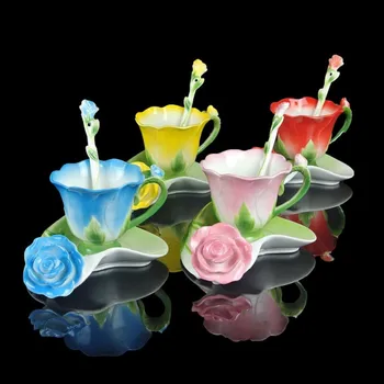 

Rose Flower Shape Coffee Mugs Enamel Porcelain Tea Cups With Saucer Spoon Set Wedding Birthday Gift Kitchen Dining Bar Drinkware