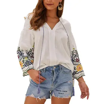 

Women Blouse V Neck Shirt Cotton Linen Boho Style Floral Embroidery Bell Sleeve Girls Tops Drawstring Female Summer Autumn