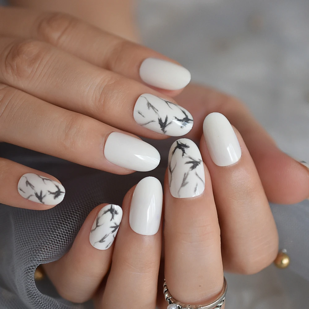 Oval Marble Nails White Medium Size Black Marble Pattern Artificial False Nails Grace Style Ladies Finger Decoration Tips 24 Press On Nails False Nails From Dangdangqiu 10 8 Dhgate Com