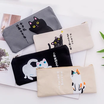 

Cute Cat Canvas School Case Japanese School Pencil Case Zipper Unusual Pencil Cases For Girls Boys School Supplies