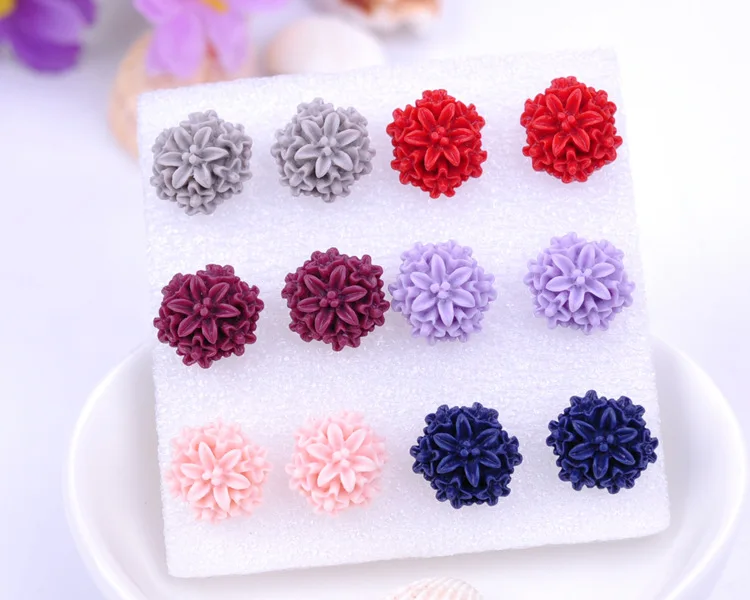 8Seasons New Fashion Colorful Rose Chrysanthemum Flower Plastic Stud Earrings Set For Women Party Club Earrings Jewelry,1Set