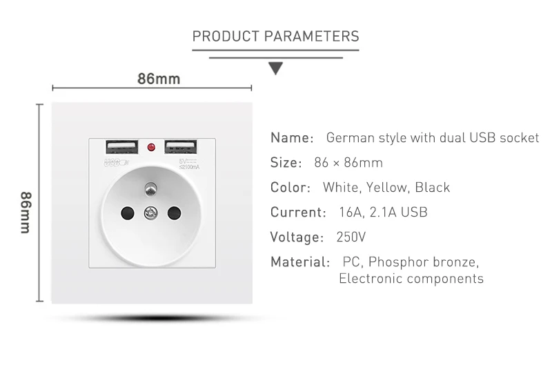 Новая французская стандартная настенная розетка с USB мобильнsq интерфейс 5V 2.1A бытовой розетки, невоспламеняющихся материалов PC материал 86*86 мм FR