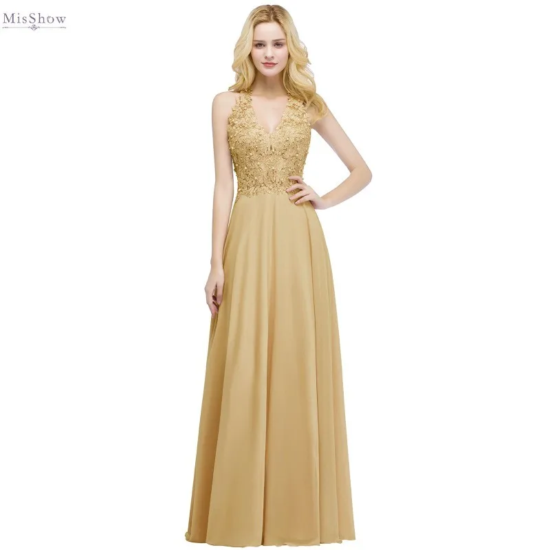 

Long Gold Evening Dress Luxurious Applique Sleeveless Forml Party Gown 2020 A line Pearl robe de soiree Custom Made