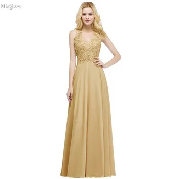 

Long Gold Evening Dress Luxurious Applique Sleeveless Forml Party Gown 2020 A line Pearl robe de soiree Custom Made