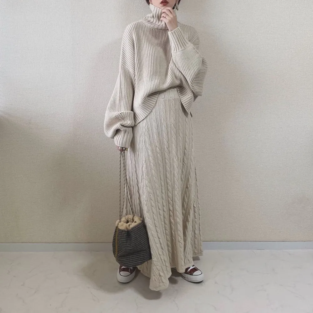 

Elegant Two Piece Sets Autumn Turtleneck Knitted Sweater and Long Dress Korean Sweet Office Winter Warm Women Sets Causal Suit