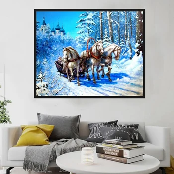

Full Square Diamond Embroidery Winter 5D Diy Diamond Painting Cross Stitch Crystal Three Horse in Snow Landscape Diamond Mosaic