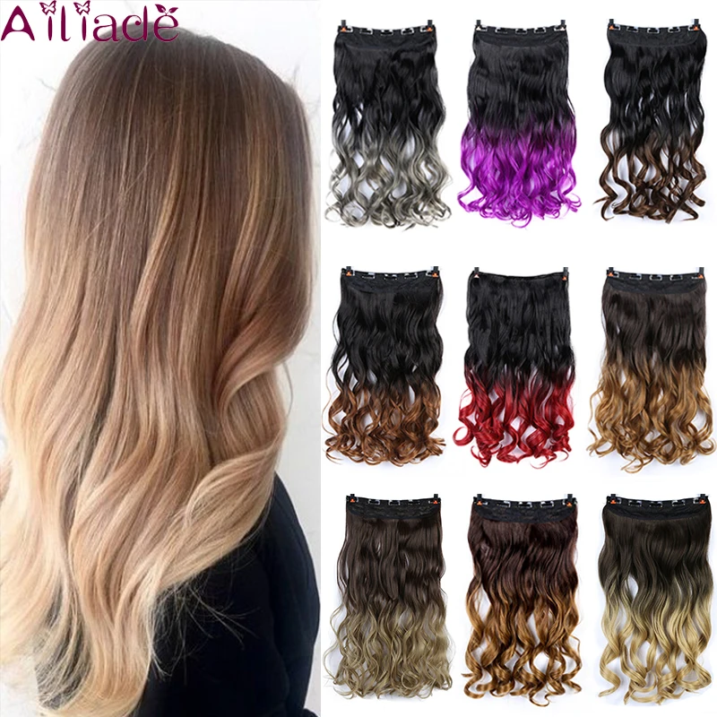 AILIADE Long wave 5 Clip In Hair Extensions Hairpieces Synthetic Natural Black to Grey Ombre Two Tones Fake | Шиньоны и парики