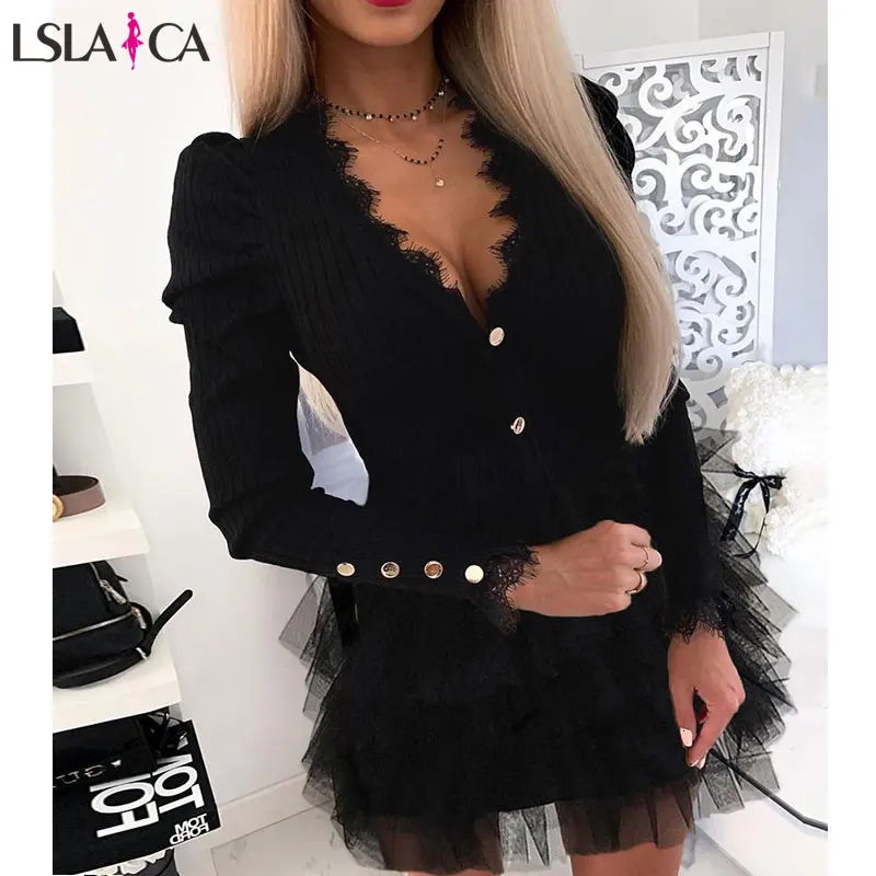 

Fashion Women Dress Long Sleeve Irregular Lace Mesh Sexy Mini Dress Button Decoration Clubwear Autumn Vestidos