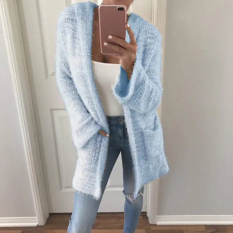Sky Blue Модный женский флисовый вязаный джемпер, кардиган, свободная Меховая куртка, верхняя одежда, топы, зимнее теплое пушистое пальто, куртка, Повседневный свитер - Цвет: Sky Blue