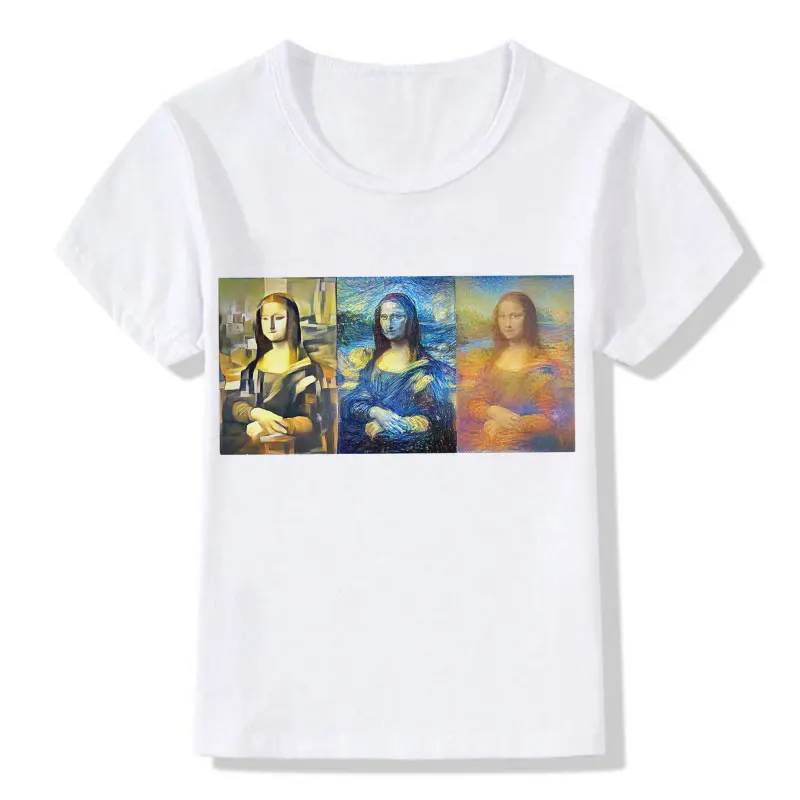 Летняя футболка детские милые Забавные топы с принтом Monla Lisa для девочек, модная футболка для мальчиков повседневная креативная футболка с круглым вырезом Kawaii