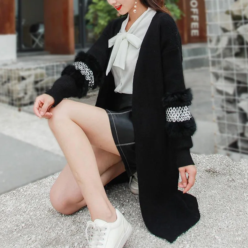 

Real Rabbit Fur Sequined Patchwork Winter long sleeve women cardigan Elegant loose causal sweater jumpers fashion female long cardigan