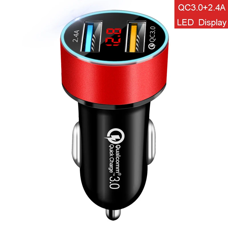 3.1A Dual USB Car Charger Quick Charge for Xiaomi Samsung iPhone 11 Tablet With LED Display Universal Mobile Phone Car-Charger - Название цвета: Red-QC3.0