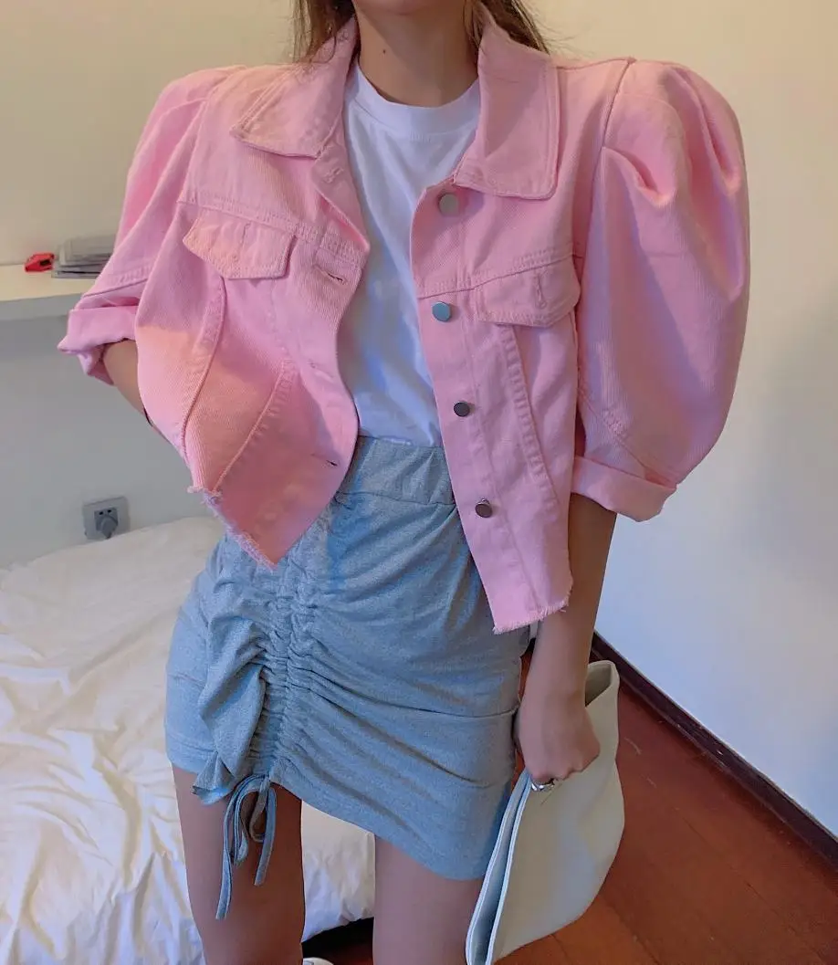 

Women Denim Jacket Summer Autumn short Jeans Coat Casual Korea style Streetwear Female Puff-Sleeve Jeans Coat