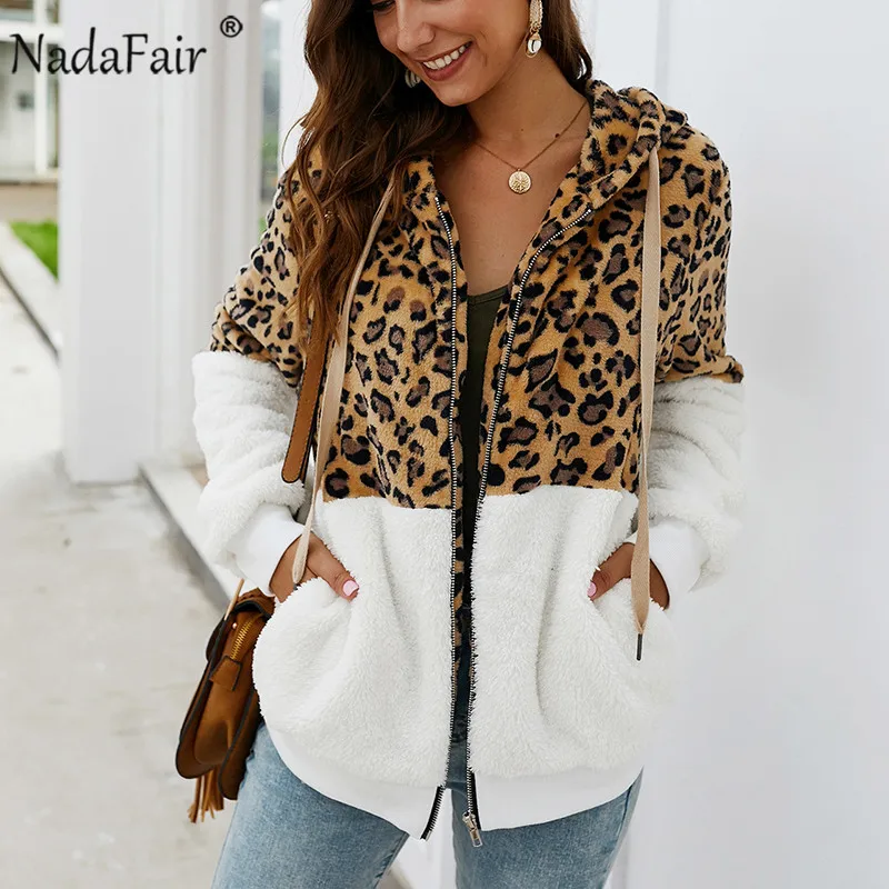 Kopen Nadafair Leopard Patchwork Vrouwen Teddy Jas Herfst Hooded Fluffy Pluche Winter Faux Fur Jas Jas Vrouwen Plus Size Overjas